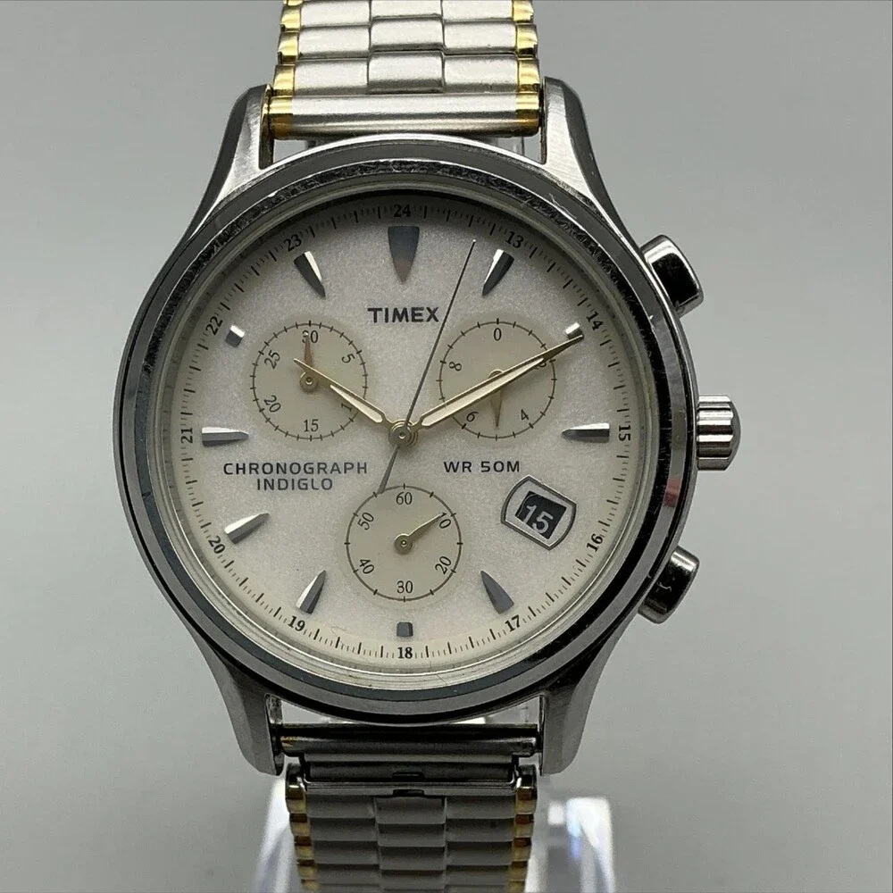 Timex Chronograph Indiglo Mens Watch 38mm Silver Tone Date Stretch New Battery